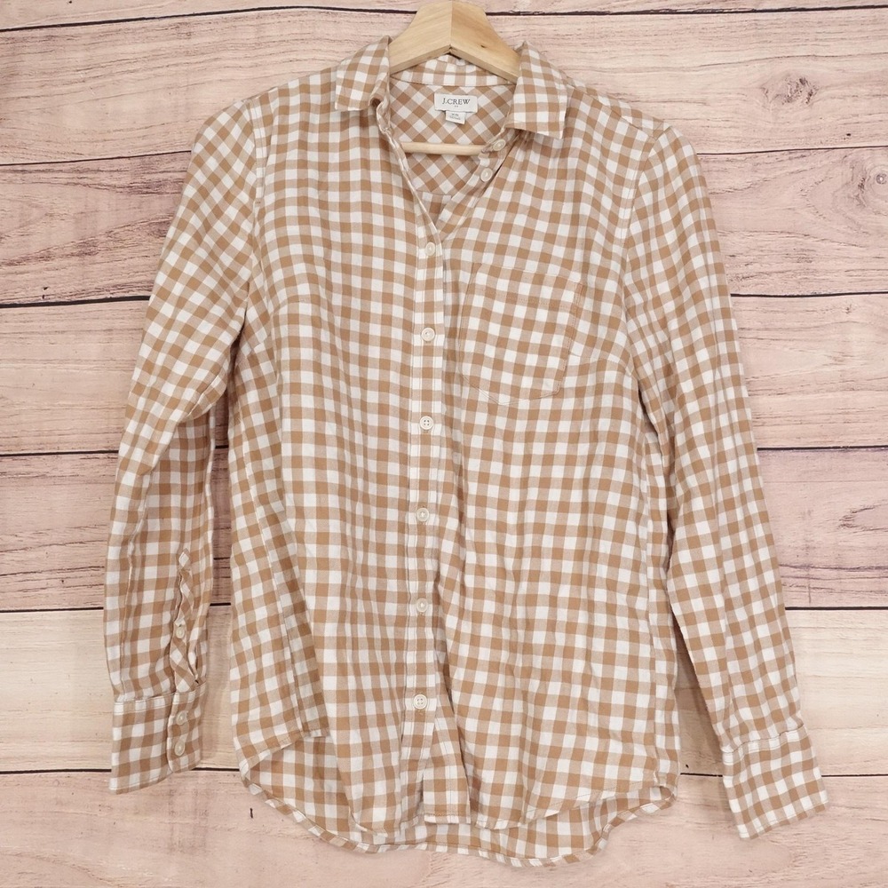 J‎ CREW Button-Up Womens XS Beige Check Long Sleeve Pocket Relaxed Fit